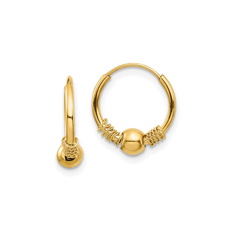 14k Yellow Gold Hoop Earrings with Polished Bead and Coiled Wire, Bali Boho Style
