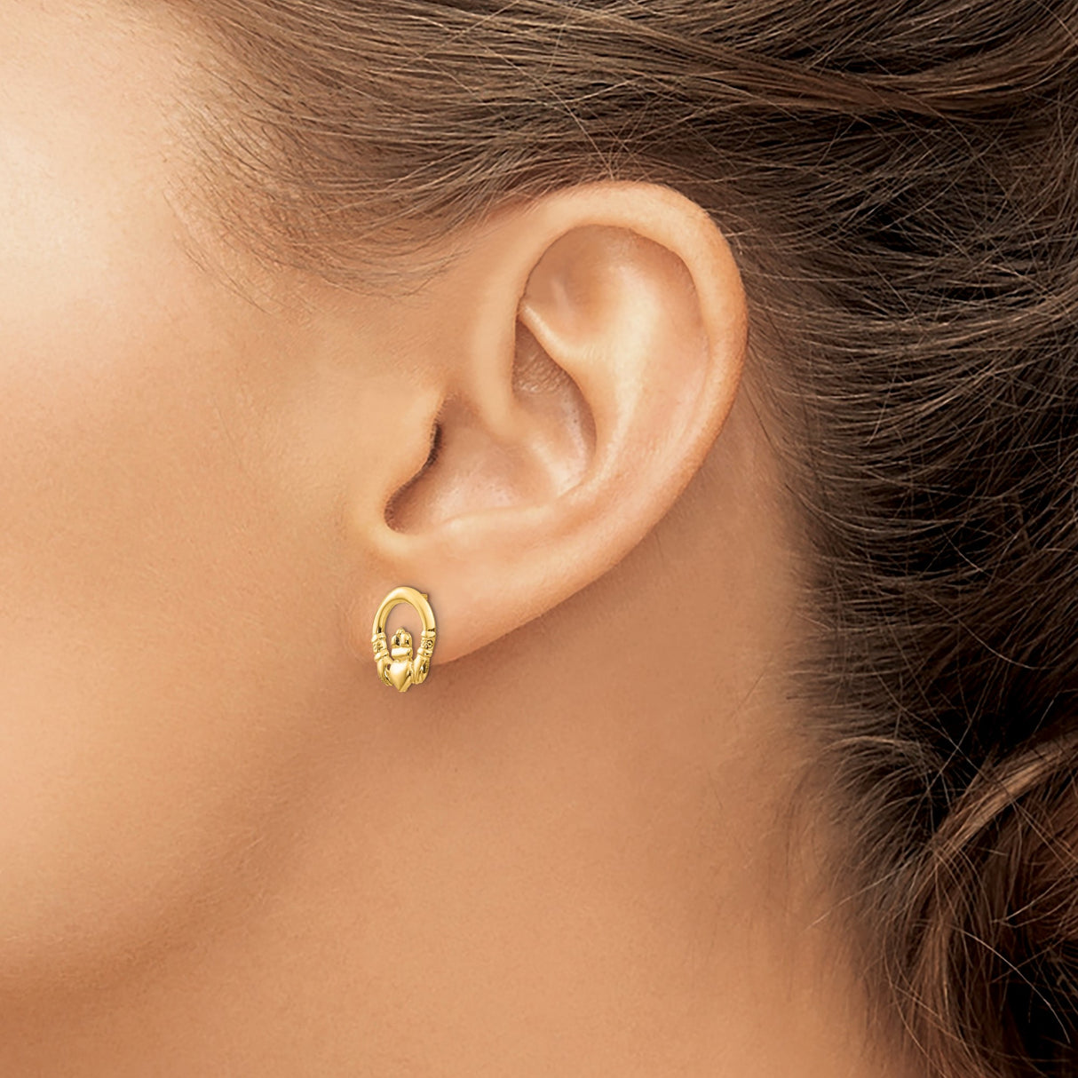 14k Yellow Gold Claddagh Stud Earrings with Heart, Hands, and Crown Celtic Symbol