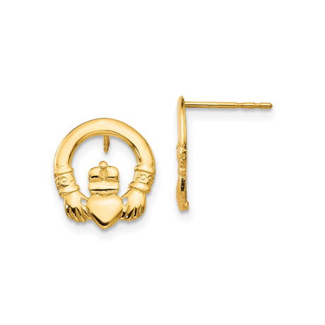 14k Yellow Gold Claddagh Stud Earrings with Heart, Hands, and Crown Celtic Symbol