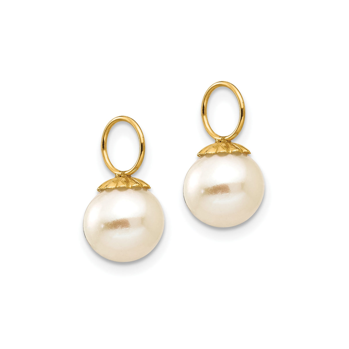 14K Yellow Gold Pearl Drop Earrings White Pearl Floral Cap