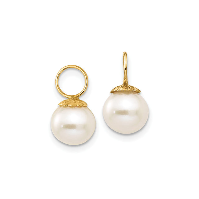 14k Yellow Gold Pearl Drop Earrings for Women with Round White Pearls, Floral Cap Design, Classic Elegant Dangles for Bridal Jewelry, Wedding Wear, Formal Looks, Everyday Feminine Accessory