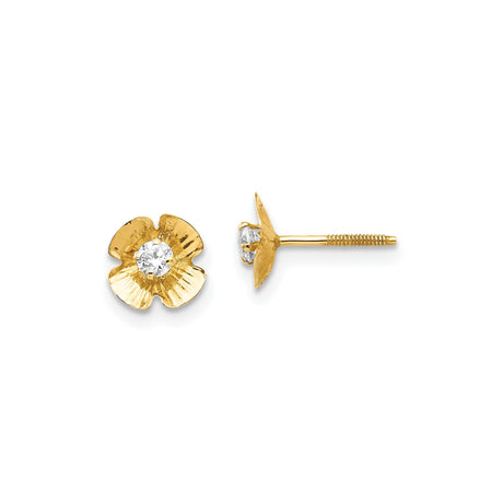 14k Yellow Gold Flower Stud Earrings with Cubic Zirconia, Floral Design, Screw Back