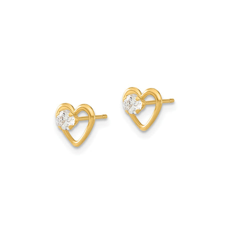 14k Yellow Gold Heart Stud Earrings with Cubic Zirconia, Dainty Romantic Jewelry