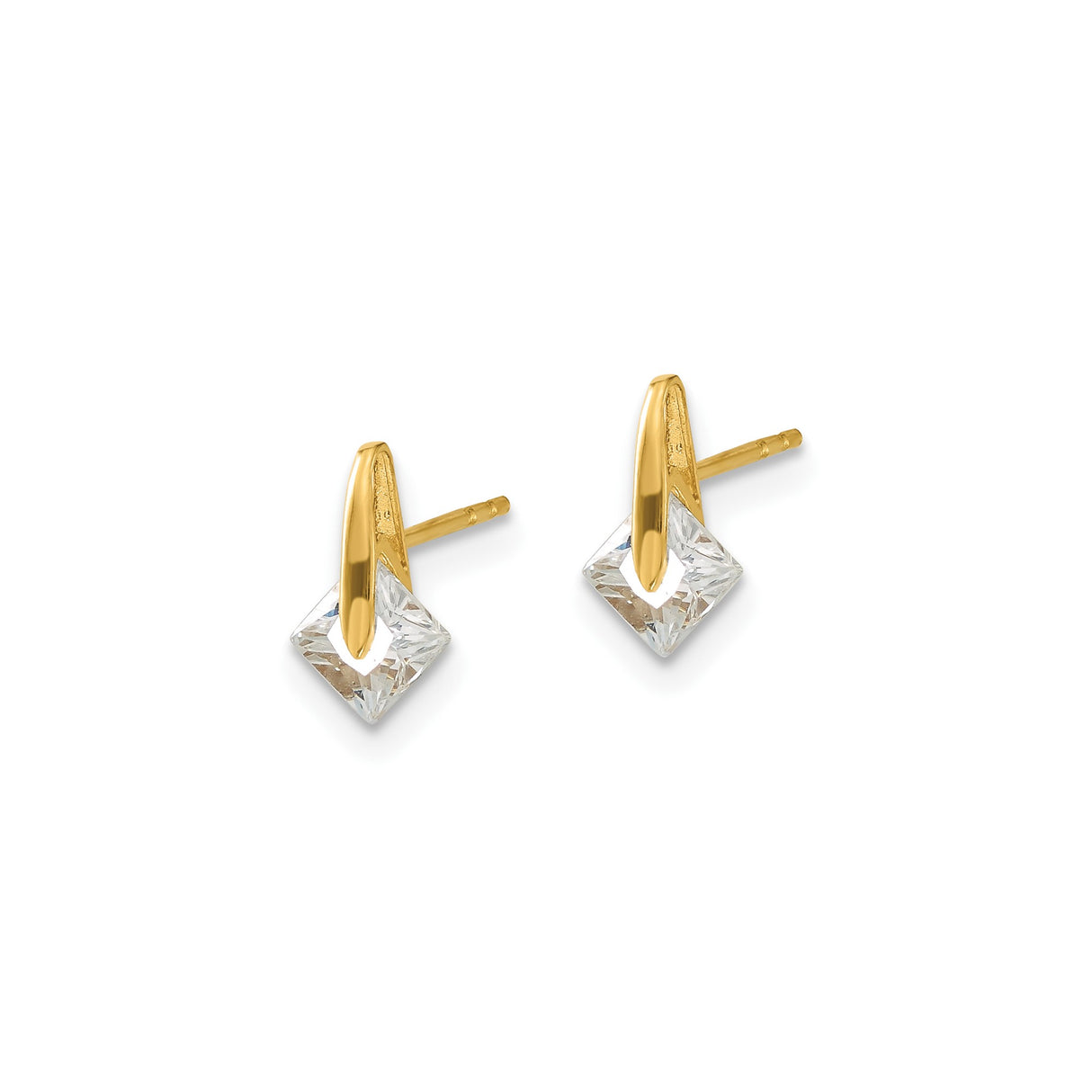 14k Yellow Gold Stud Earrings with Cubic Zirconia, Kite Shape, Minimalist Geometric Design