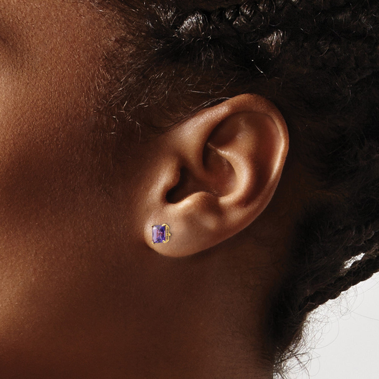 14k Yellow Gold Stud Earrings with Square Cut Amethyst, Four-Prong Setting, February Birthstone