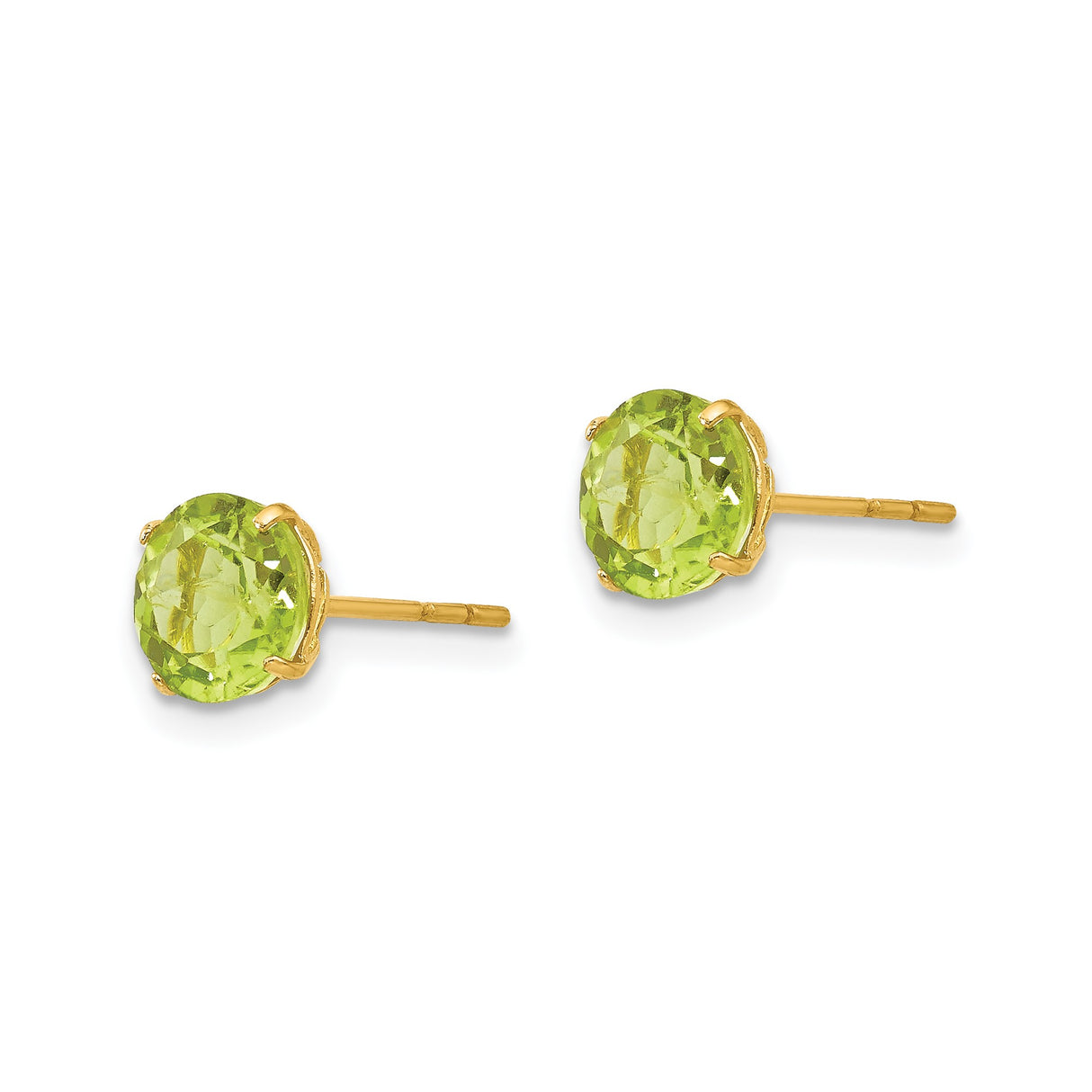 14k Yellow Gold Stud Earrings with Peridot, Round Cut, Classic Four Prong Setting