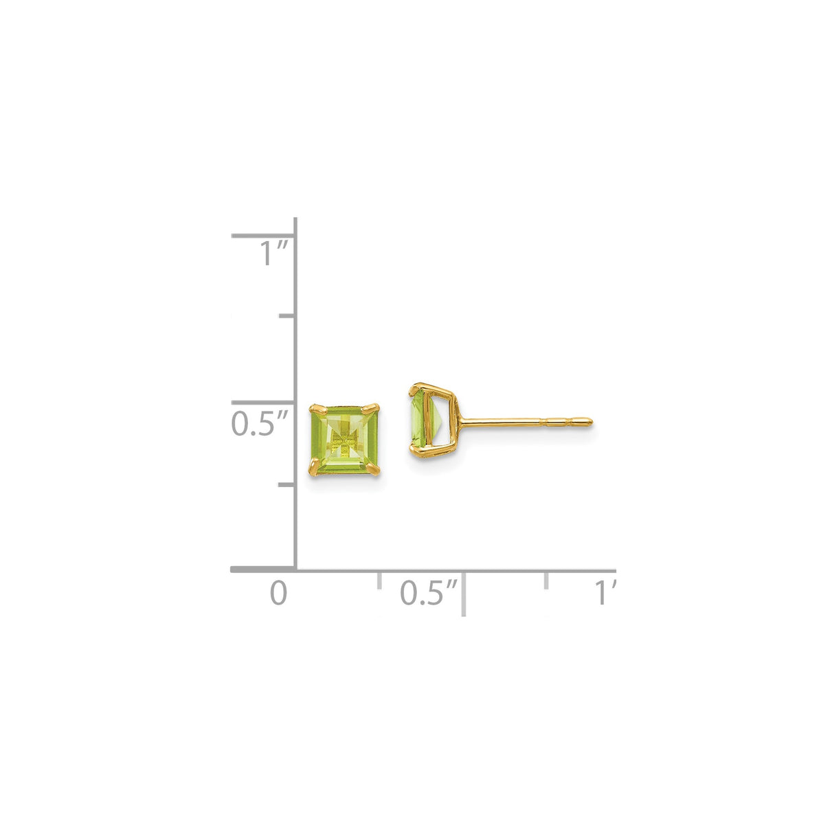 14k Yellow Gold Stud Earrings with Peridot, Square Cut Birthstone Style for Women