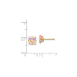 14k Yellow Gold Stud Earrings with Square Cut Multicolor Cubic Zirconia, Dainty Pastel Style