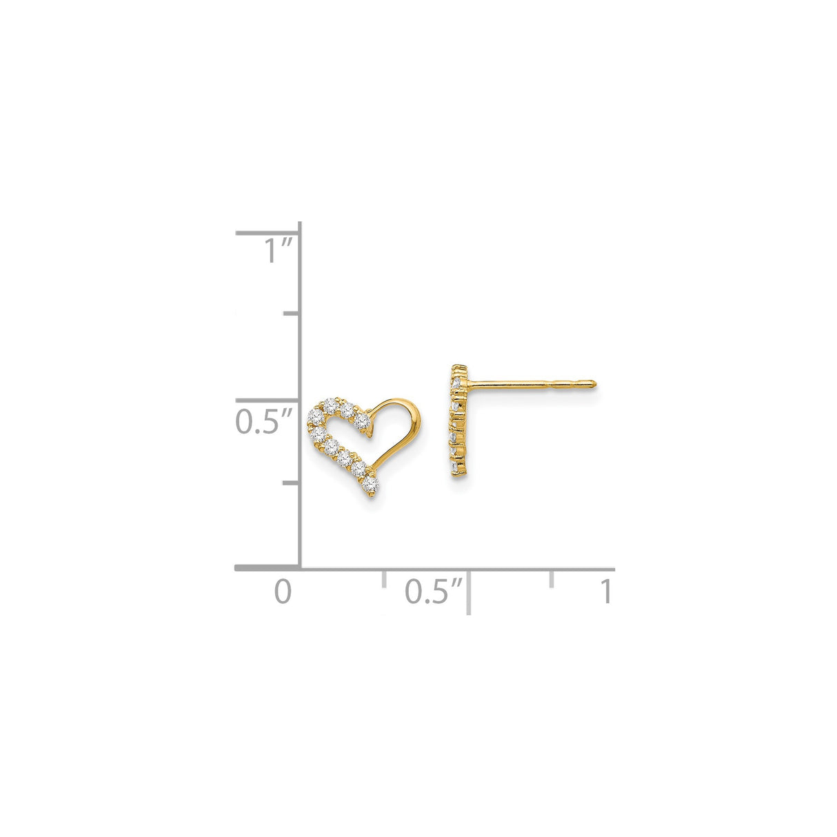 14k Yellow Gold Open Heart Stud Earrings with Cubic Zirconia, Dainty Romantic Style