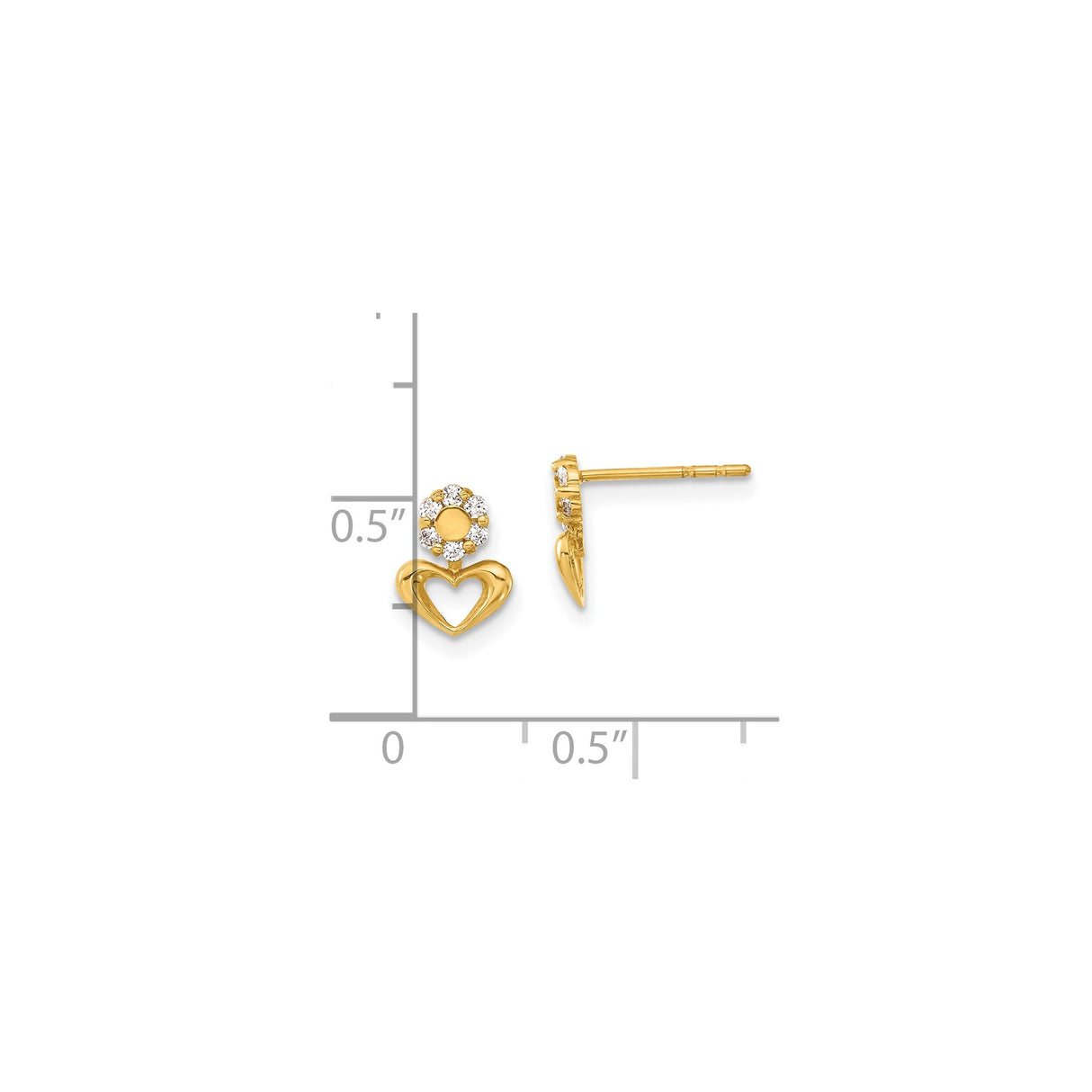 14k Yellow Gold Heart and Flower Stud Earrings with Cubic Zirconia Accent