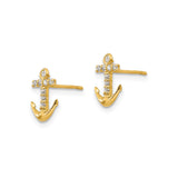 14k Yellow Gold Anchor Stud Earrings with Cubic Zirconia, Nautical Faith Symbol for Women