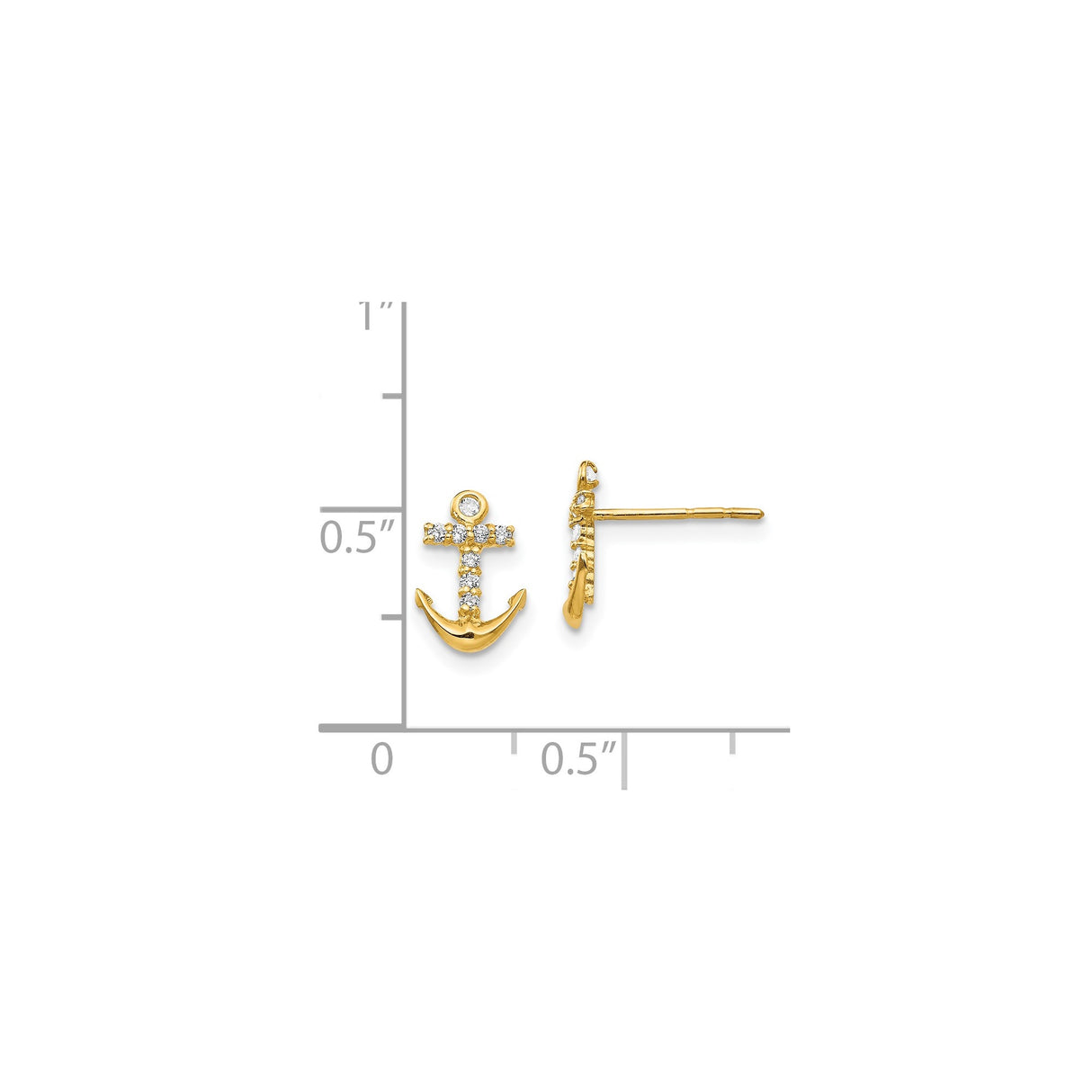 14k Yellow Gold Anchor Stud Earrings with Cubic Zirconia, Nautical Faith Symbol for Women