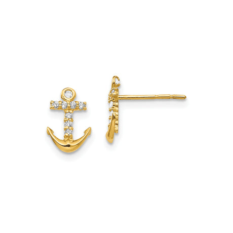14k Yellow Gold Anchor Stud Earrings with Cubic Zirconia, Nautical Faith Symbol for Women
