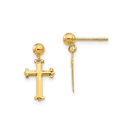 14k Yellow Gold Cross Dangle Earrings, Polished Religious Charm for Men and Women