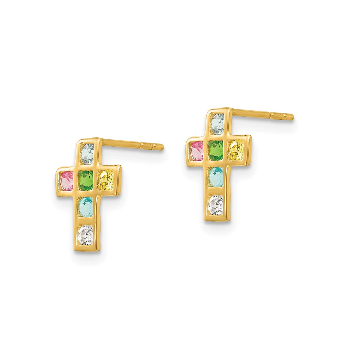 14k Yellow Gold Cross Pendant with Cubic Zirconia, Multicolor Religious Charm for Men and Women