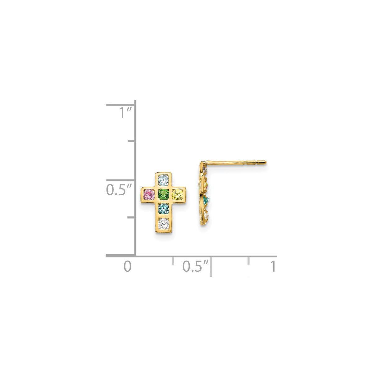 14k Yellow Gold Cross Pendant with Cubic Zirconia, Multicolor Religious Charm for Men and Women