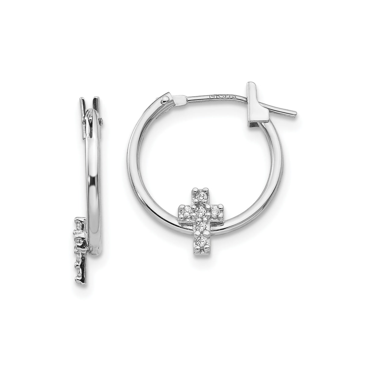 14k White Gold Cross Pendant and Hoop Earrings Set with Cubic Zirconia for Men and Women