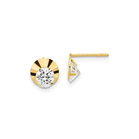 14k Yellow Gold Stud Earrings with Round Cubic Zirconia in Sunburst Bezel Setting
