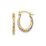 14k Yellow Gold Twisted Oval Hoop Earrings, Polished Diamond-Cut Dual Tone Design for Women
