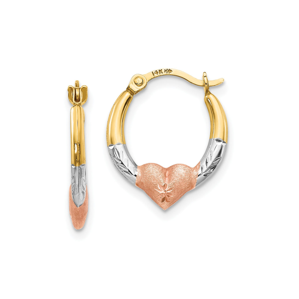 14k Tri-Color Gold Hoop Earrings with Heart Shaped Floral Design for Women