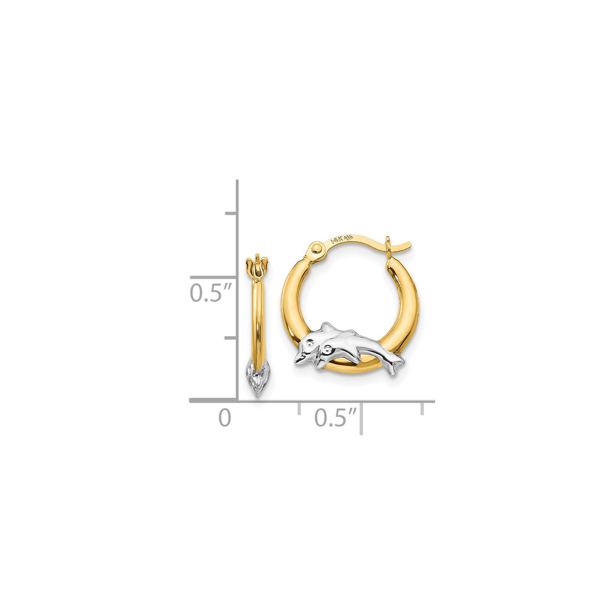 14k Yellow Gold Hoop Earrings with Sculpted Dolphins, Nautical Ocean Motif for Women