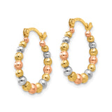 14k Yellow Gold Tri-Color Hoop Earrings with Polished and Textured Beaded Design