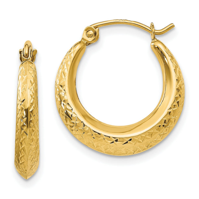 14k Yellow Gold Hoop Earrings with Tapered Design and Diamond Cut Texture