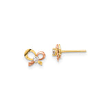 14k Yellow Gold Bow Stud Earrings with Cubic Zirconia, Two-Tone Ribbon Design for Women