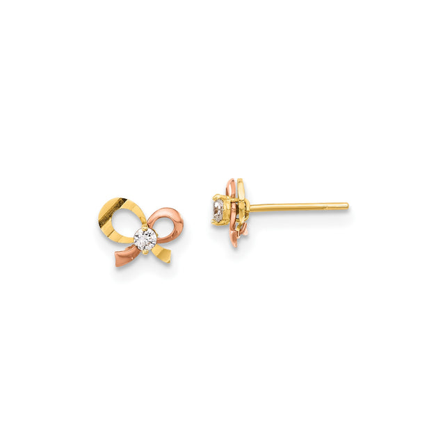 14k Yellow Gold Bow Stud Earrings with Cubic Zirconia, Two-Tone Ribbon Design for Women