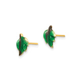 14k Yellow Gold Leaf Stud Earrings with Green and Dark Enamel Accents, Botanical Design