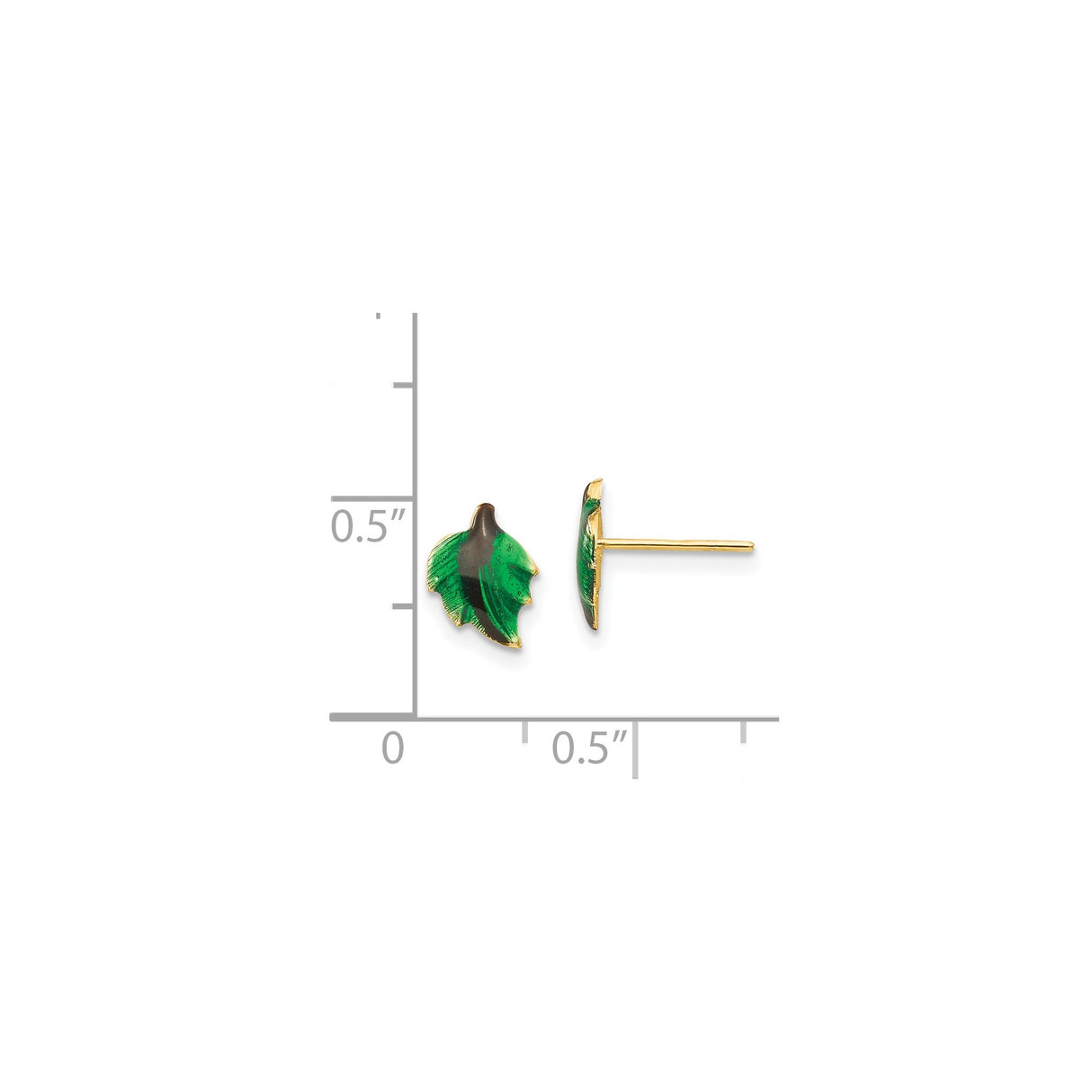 14k Yellow Gold Leaf Stud Earrings with Green and Dark Enamel Accents, Botanical Design
