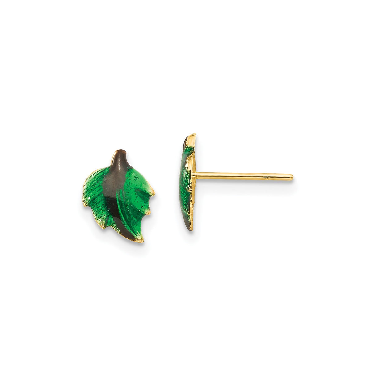 14k Yellow Gold Leaf Stud Earrings with Green and Dark Enamel Accents, Botanical Design