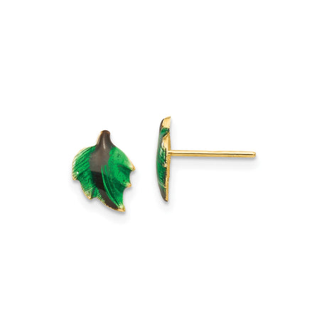 14k Yellow Gold Leaf Stud Earrings with Green and Dark Enamel Accents, Botanical Design