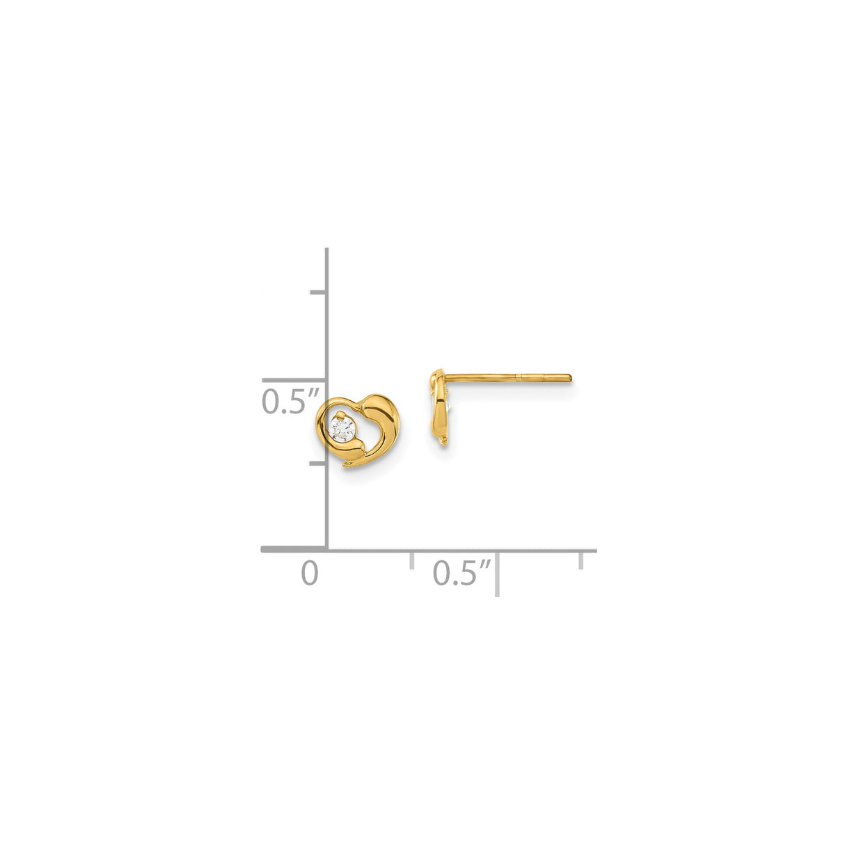 14k Yellow Gold Heart Stud Earrings with Cubic Zirconia Center, Open Heart Design