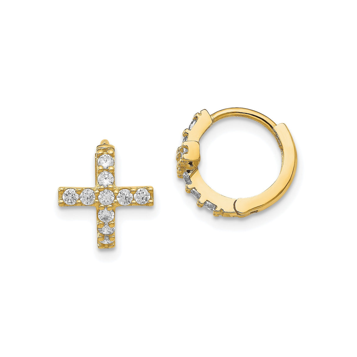 14k Yellow Gold Cross Pendant and Cubic Zirconia Hoop Earrings, Spiritual Minimalist Jewelry
