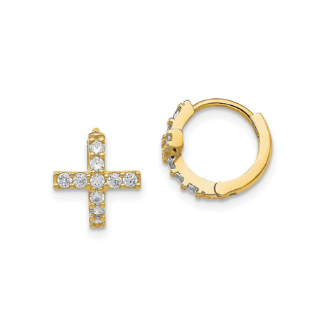 14k Yellow Gold Cross Pendant and Cubic Zirconia Hoop Earrings, Spiritual Minimalist Jewelry