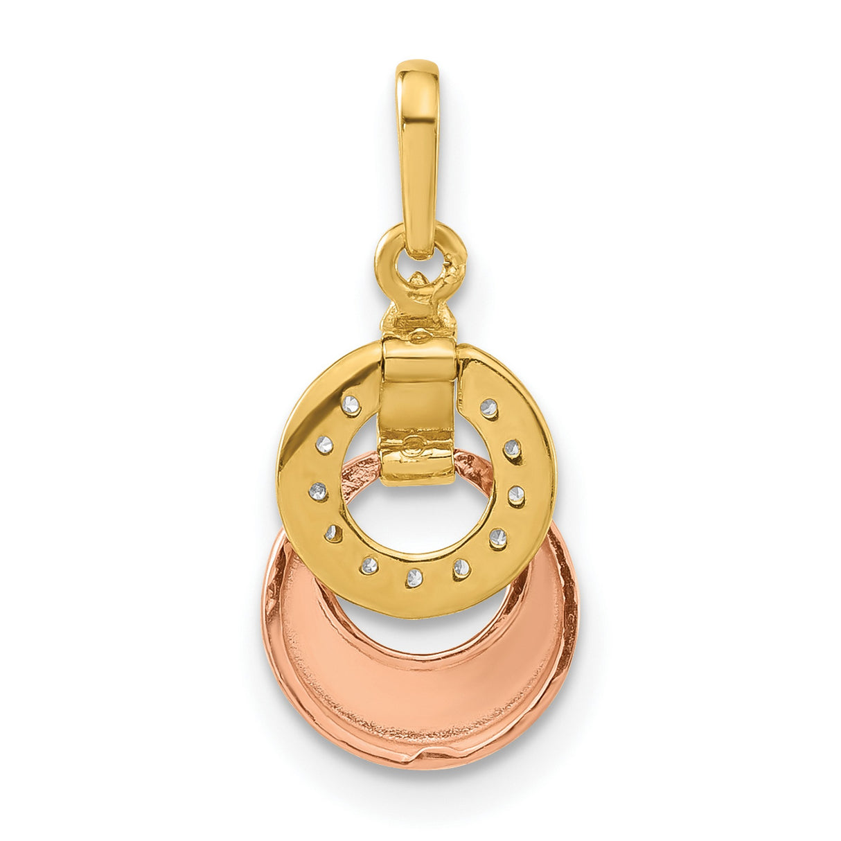 14k Yellow Gold Pendant with Cubic Zirconia, Interlocking Circles, Rose Gold Accent, Modern Design