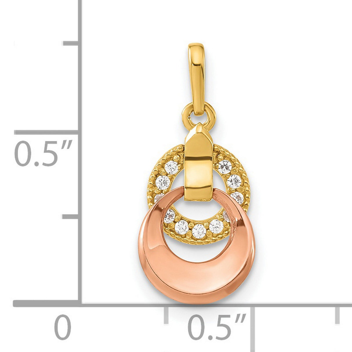 14k Yellow Gold Pendant with Cubic Zirconia, Interlocking Circles, Rose Gold Accent, Modern Design
