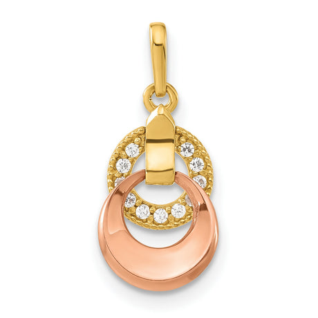14k Yellow Gold Pendant with Cubic Zirconia, Interlocking Circles, Rose Gold Accent, Modern Design