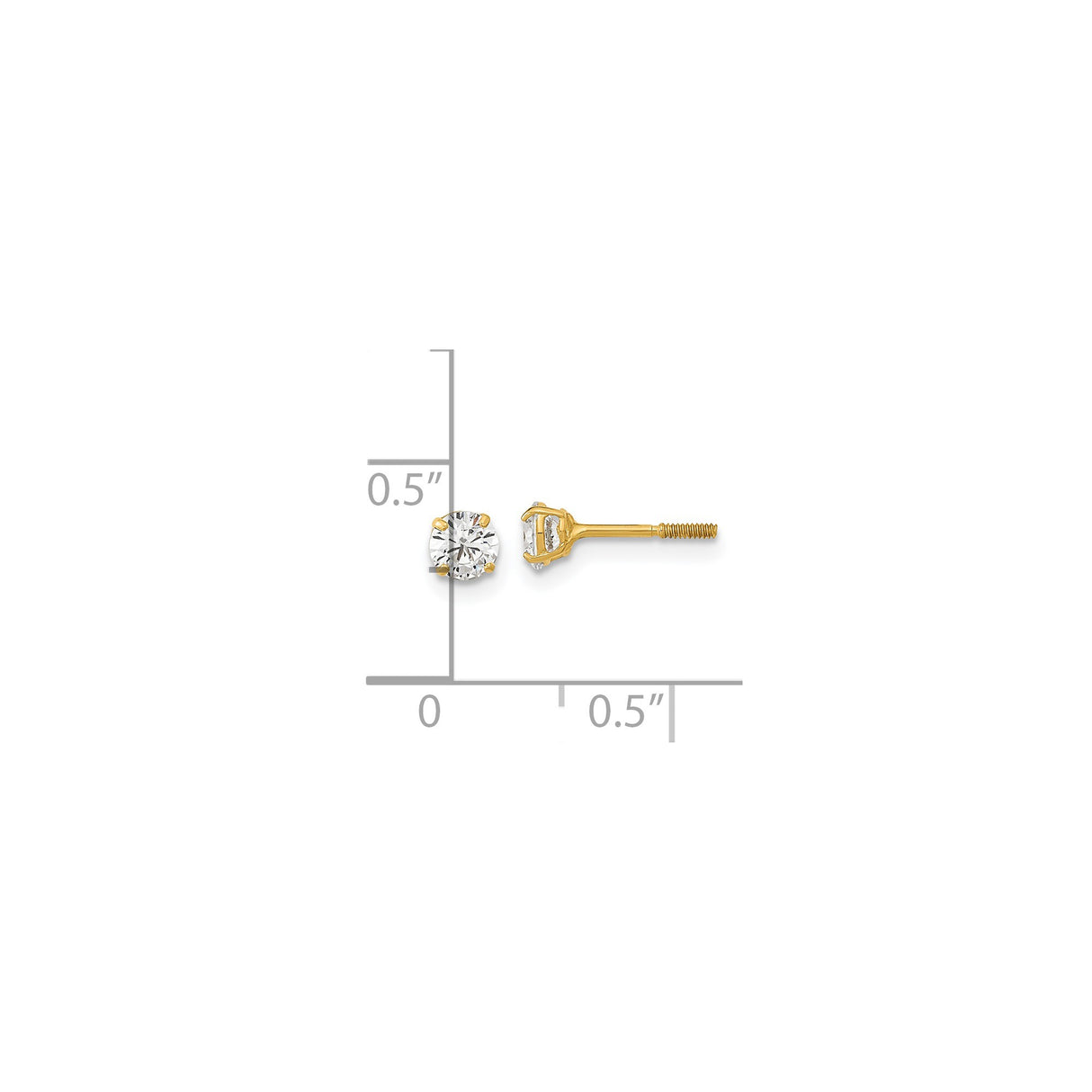 14k Yellow Gold Stud Earrings with Round Cut Cubic Zirconia, Screw Back, Solitaire Style