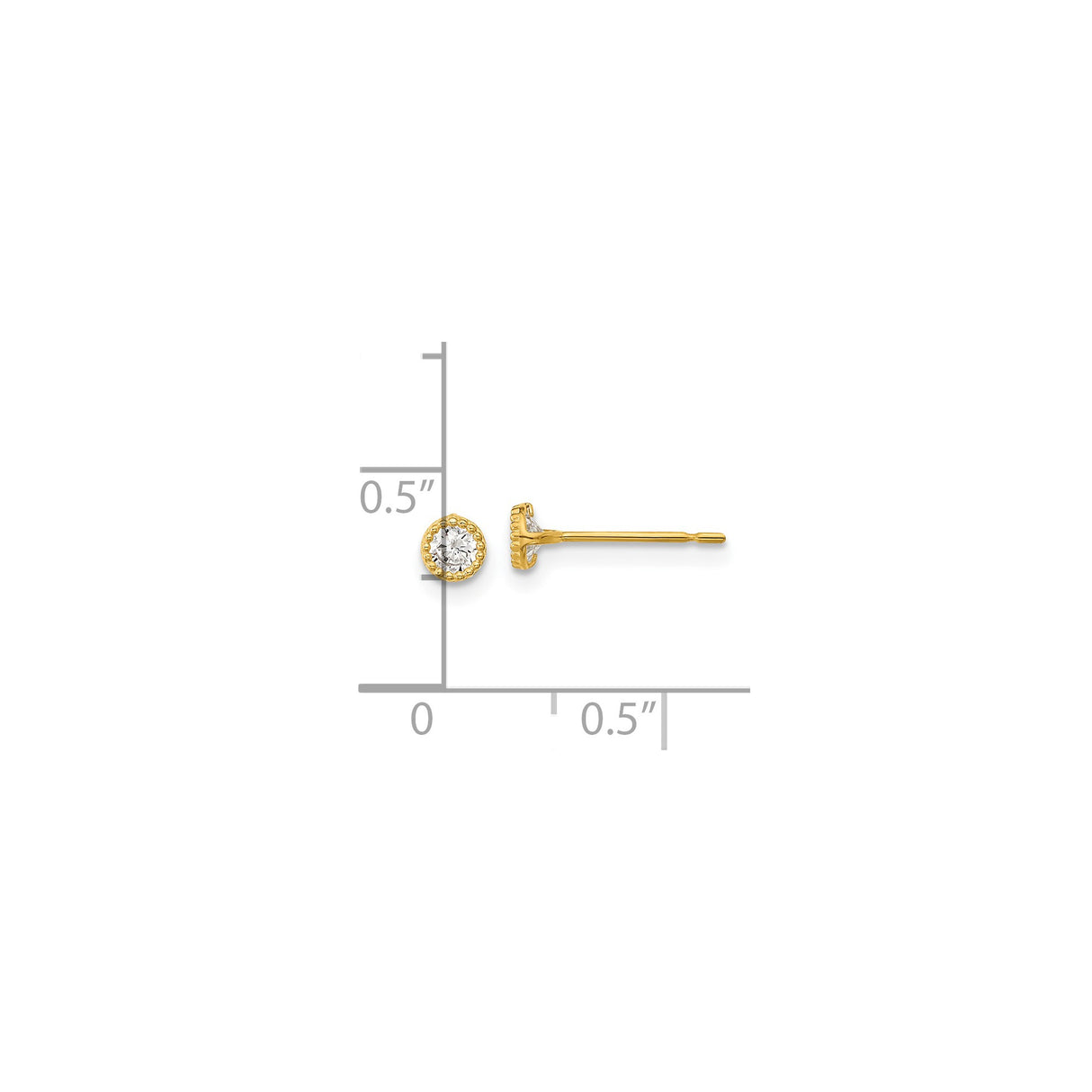 14k Yellow Gold Stud Earrings with Round Cubic Zirconia in Beaded Bezel Setting