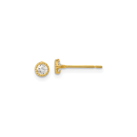 14k Yellow Gold Stud Earrings with Round Cubic Zirconia in Beaded Bezel Setting