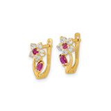 14k Yellow Gold Hoop Earrings with Cubic Zirconia, Floral Design, and Marquise Red Rubies