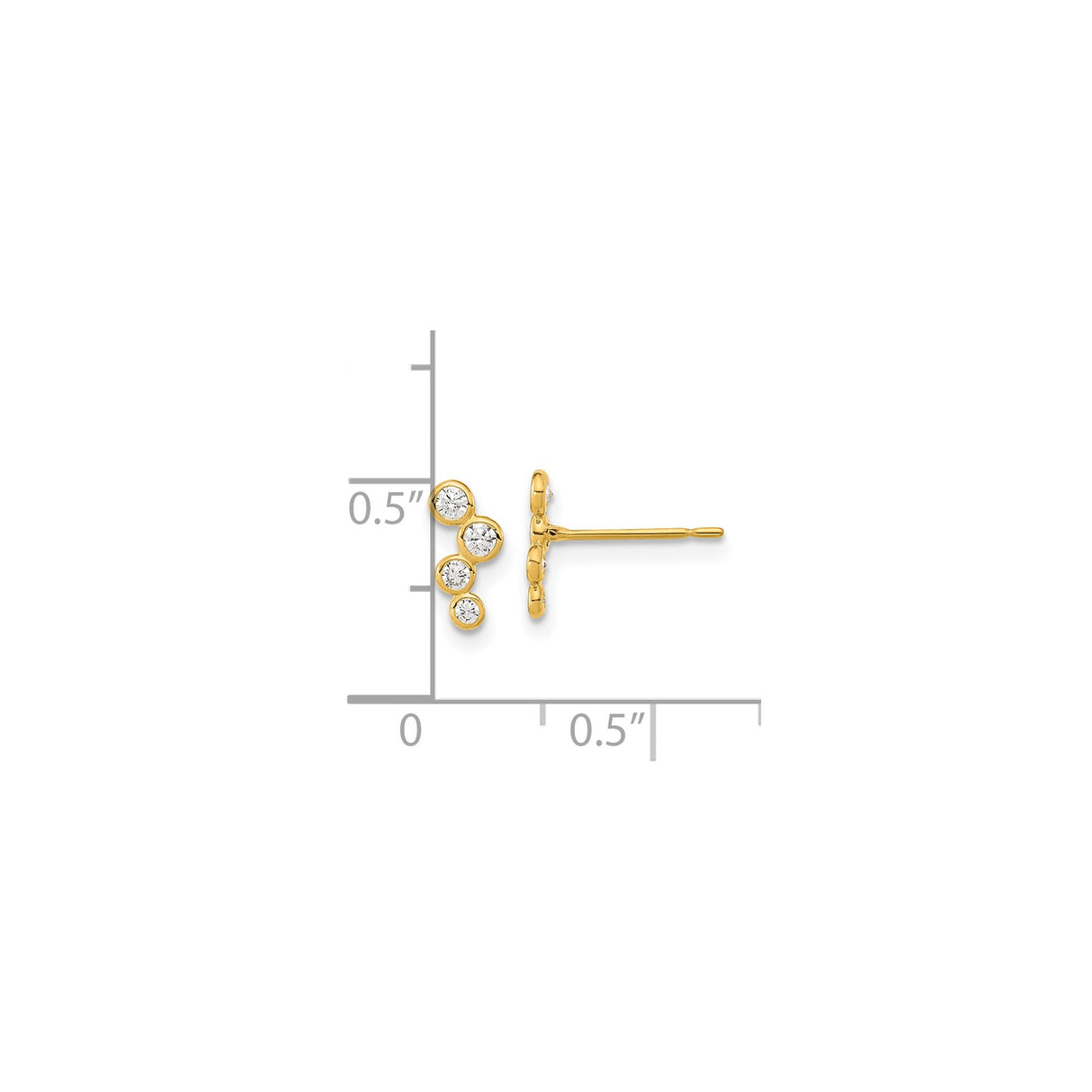 14k Yellow Gold Stud Earrings with Cubic Zirconia, Three-Stone Bezel Design, Minimalist Style
