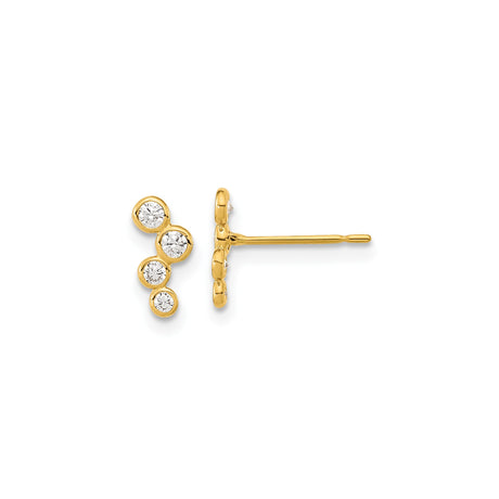 14k Yellow Gold Stud Earrings with Cubic Zirconia, Three-Stone Bezel Design, Minimalist Style