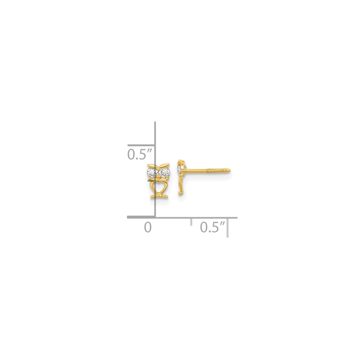 14k Yellow Gold Owl Stud Earrings with Cubic Zirconia Eyes and Heart Body
