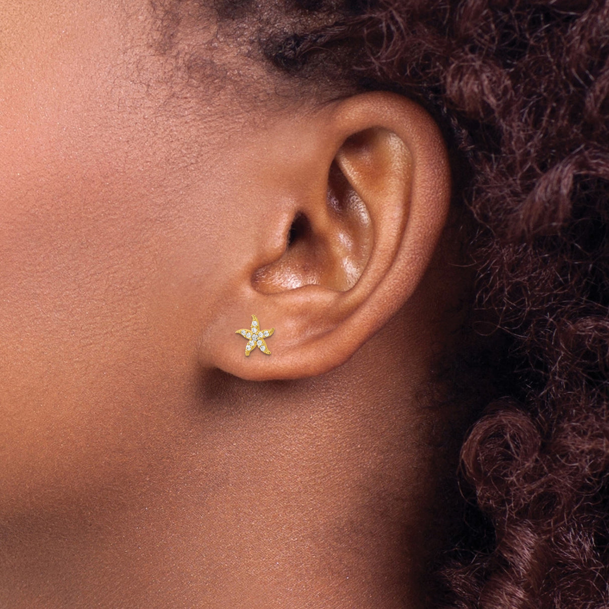 14k Yellow Gold Starfish Stud Earrings with Cubic Zirconia, Ocean Theme for Women