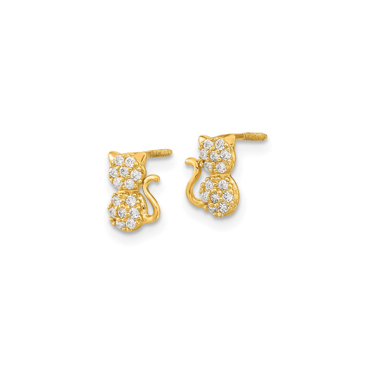 14k Yellow Gold Cat Stud Earrings with Cubic Zirconia, Playful Feline Design for Women