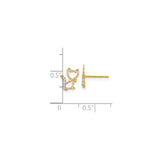 14k Yellow Gold Cat Stud Earrings with Cubic Zirconia Tail and Bowtie Design