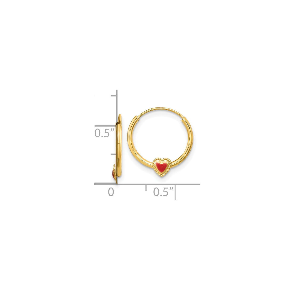 14k Yellow Gold Hoop Earrings with Red Enamel Heart Charm and Beaded Detail
